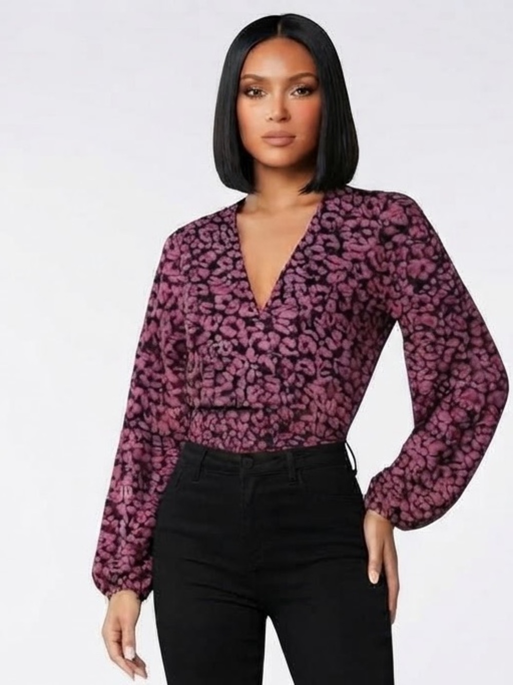 VENUS Animal Print V Neck Sparkle Top